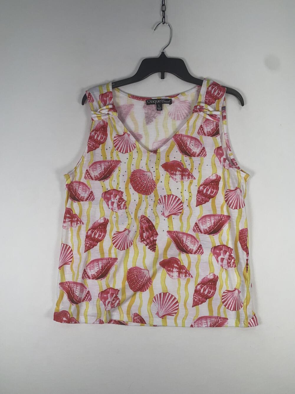 Onque Casual Tank Top Womens Large Multicolor Shell Stripe Rhinestone Print